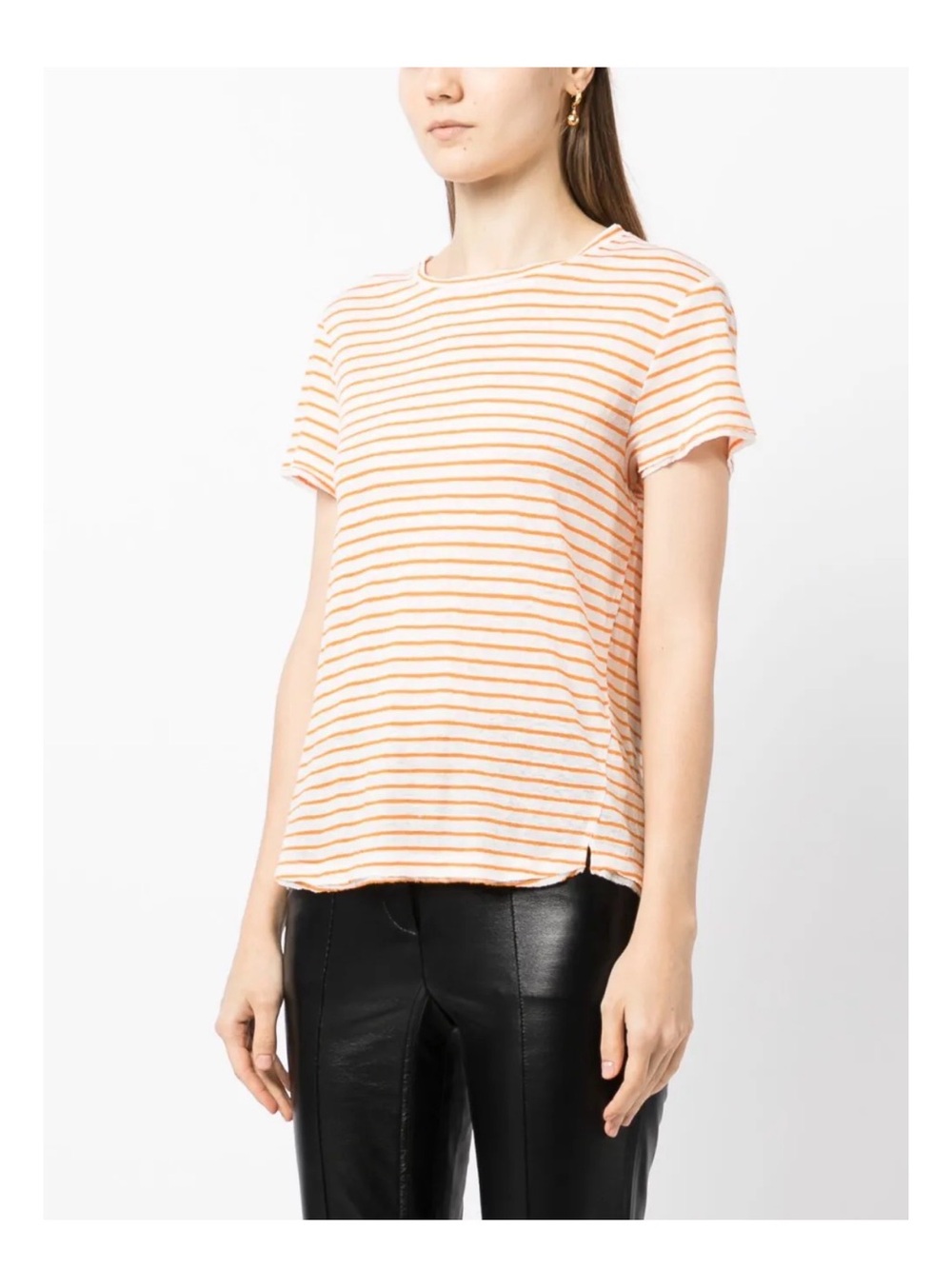 $248 FRAME Easy True Stripe 100% Organic Linen T-Shirt Tee Nectarine Multi S - Picture 2 of 9